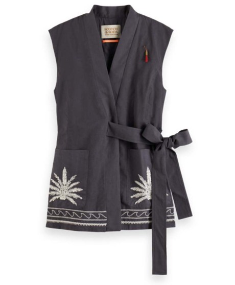 Belted gilet with palm embroidery