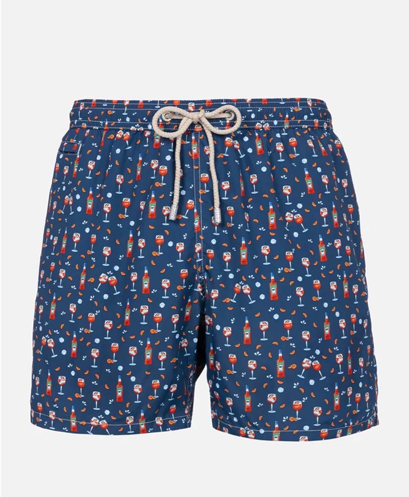Man lightweight fabric swim-shorts Lighting Micro Fantasy with Aperol Spritz print