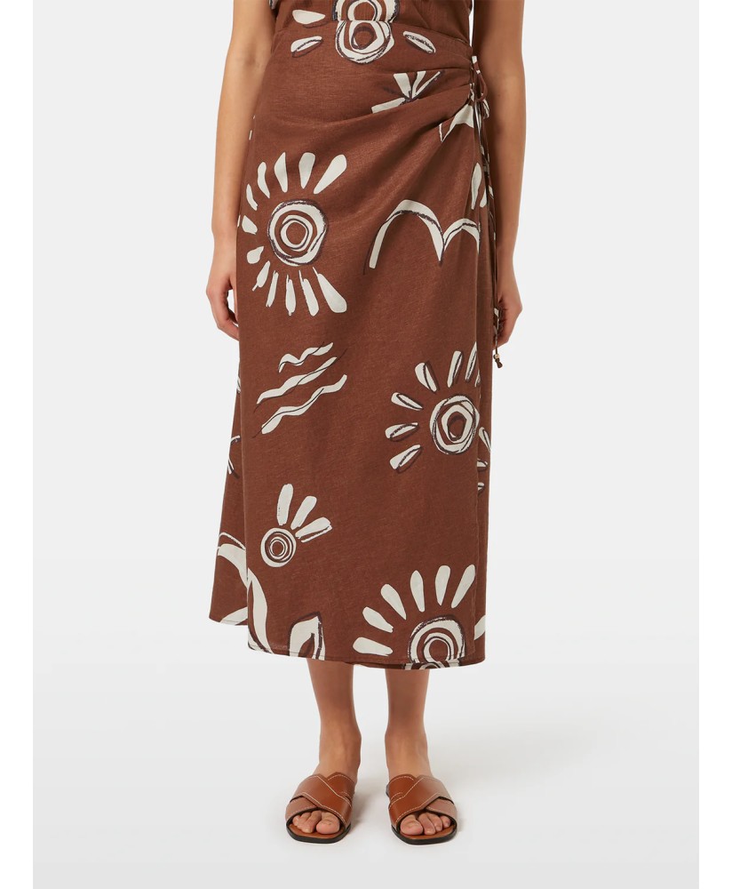Linen blend printed wrap skirt