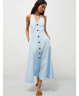 Sleeveless stretch poplin dress - Light blue