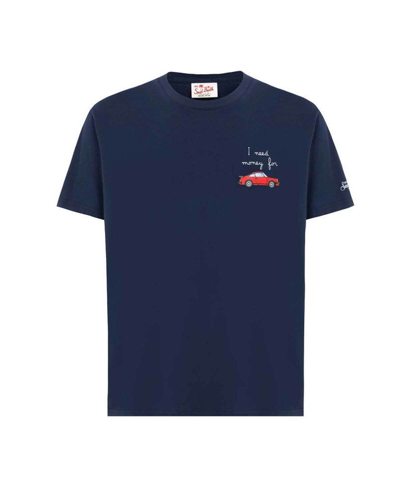 Cotton T-shirt with 'I need money for car' embroidery