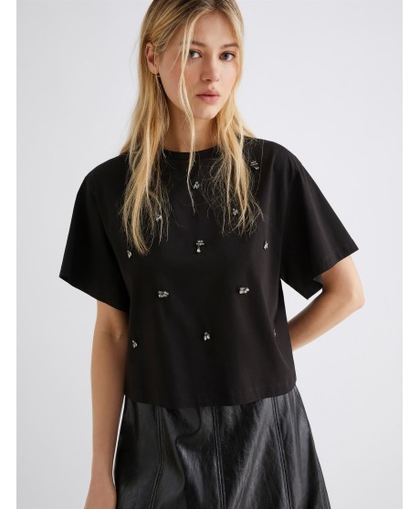 Crystal-adorned cropped T-shirt - BLACK