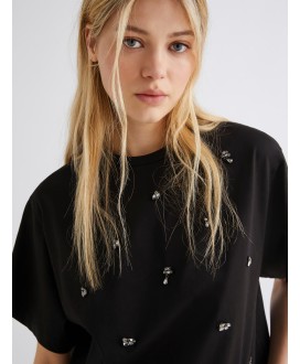 Crystal-adorned cropped T-shirt - BLACK