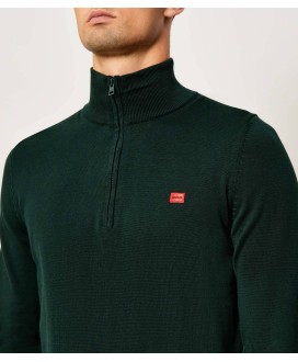 Zip-neck sweater in cotton with red logo label