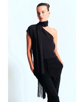 SEMI SHEER ONE SHOULDER SCARF TIE BLOUSE